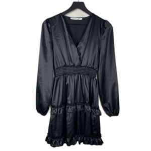 Altar'd State Size S Ruffle Black Ruched Waist Long Sleeve V-Neck Dress Satin